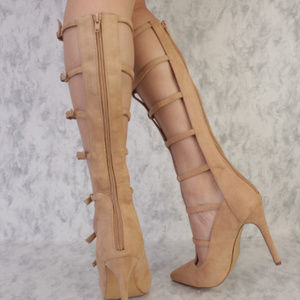 Nude T-Strap Cutout Pointy Toe Single Sole Gladiat